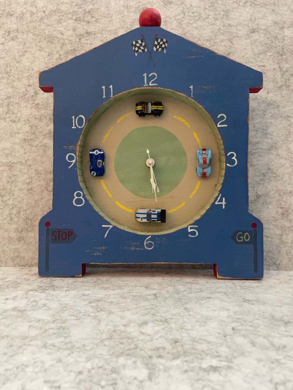 Vintage Handmade Wood Racing Car Mantel Clock Hand Painted